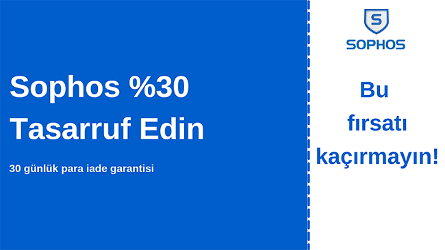 % 30 indirim ve 30 günlük para iade garantili Sophos antivirüs kuponu