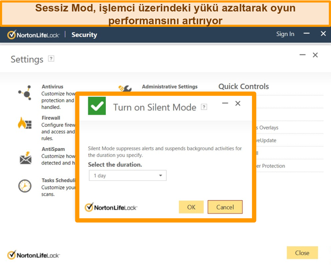 Norton'un Sessiz Modunun ekran görüntüsü açık.