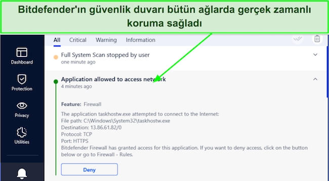 Bitdefender güvenlik duvarı uyarısının ekran görüntüsü