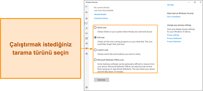 Microsoft Defender'ın çeşitli kullanılabilir tarama türlerinin ekran görüntüsü