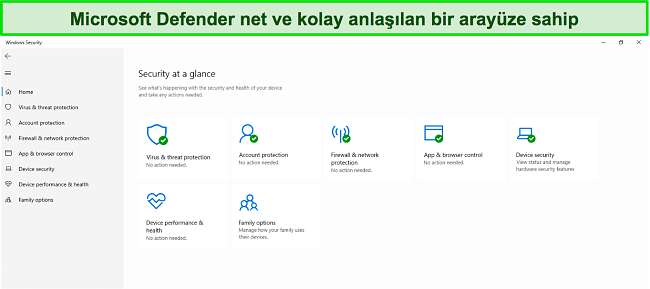 Microsoft Defender'ın ana menüsünün ekran görüntüsü