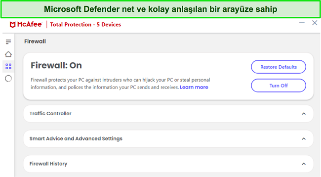 McAfee'nin güvenlik duvarı arayüzünün ekran görüntüsü