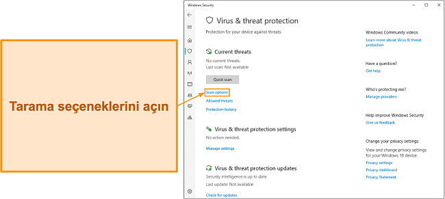 Microsoft Defender'ın tarama seçeneklerine nasıl erişileceğini gösteren ekran görüntüsü