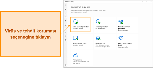 Microsoft Defender'ın Virüs ve tehdit koruması menüsünün nasıl açılacağını gösteren ekran görüntüsü