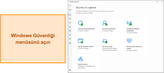 Windows Güvenliği ana menüsünün ekran görüntüsü