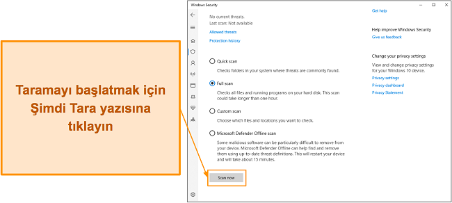 Microsoft Defender ile nasıl tarama başlatılacağını gösteren ekran görüntüsü