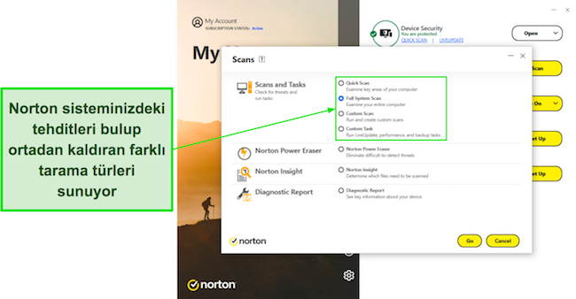 Norton'un virüs tarama seçeneklerinin ekran görüntüsü