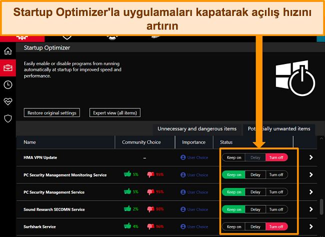 Uygulamaları iolo'nun başlangıç iyileştiricisiyle yönetmenin ekran görüntüsü