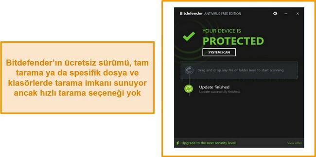 Bitdefender ücretsiz antivirüs panosunun ekran görüntüsü.