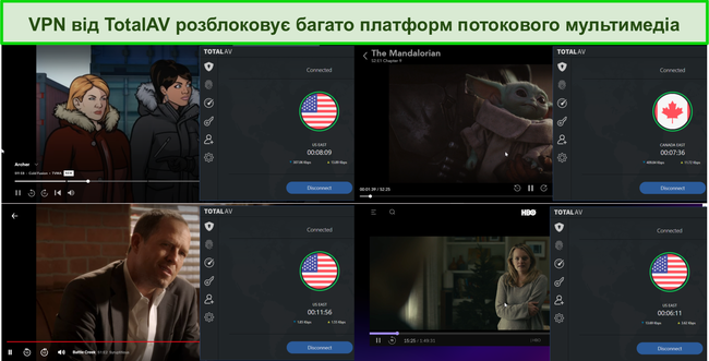 Знімок екрана Total AV VPN, що розблокує Hulu, Disney +, Netflix та HBO Max.