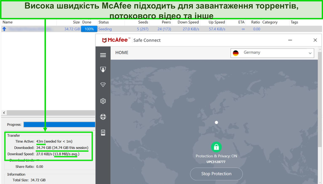 Знімок екрана McAfee VPN, підключеного до німецького сервера під час завантаження торрент-файлу на 35 Гб.