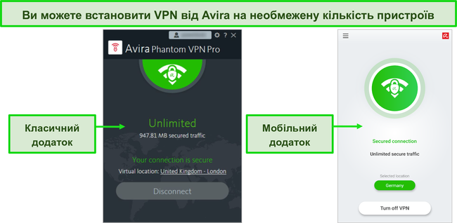 Знімок екрана настільних та мобільних додатків Avira Phantom VPN.