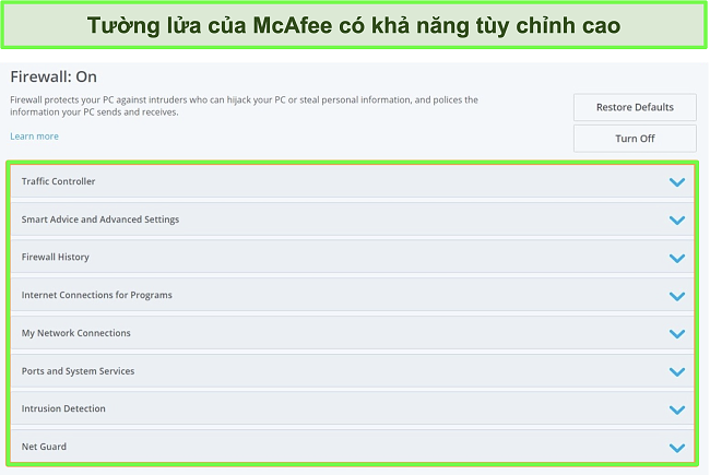 Ảnh chụp màn hình tường lửa của McAfee.