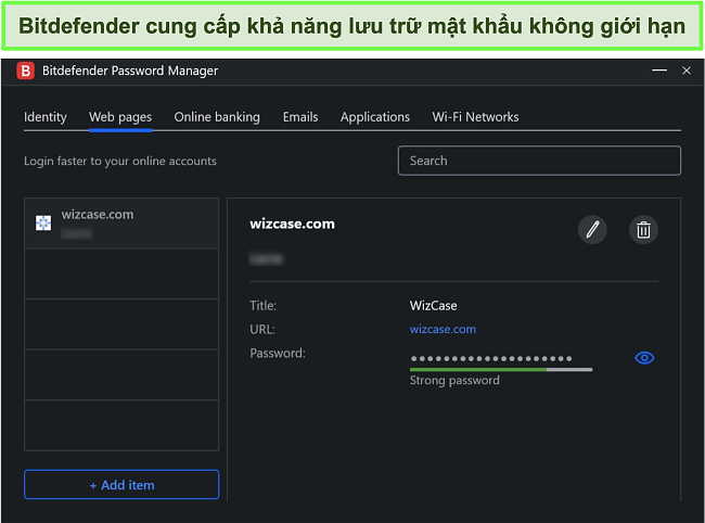 Ảnh chụp màn hình trình quản lý mật khẩu của Bitdefender.