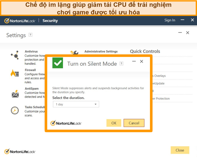 Ảnh chụp màn hình Chế độ im lặng của Norton đang được bật.