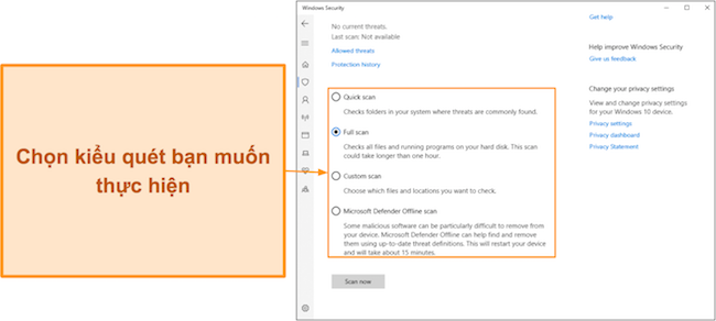 Ảnh chụp màn hình các loại quét có sẵn khác nhau của Bộ bảo vệ Microsoft