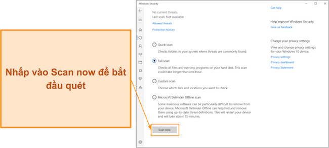 Ảnh chụp màn hình hiển thị cách bắt đầu quét bằng Bộ bảo vệ Microsoft