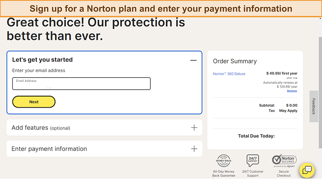 Screenshot of Norton's subscription payment page
