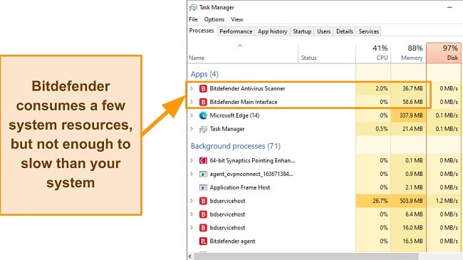 Screenshot showing Bitdefender's system resource utilization