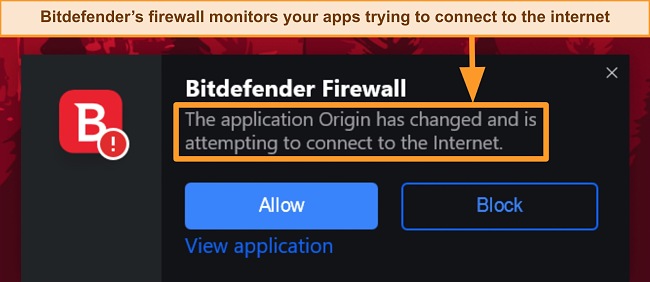Screenshot of Bitdefender's firewall connection request
