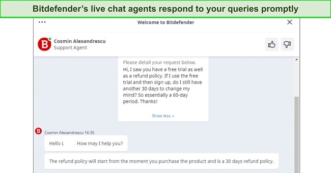 Screenshot of Bitdefender's live chat support