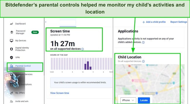 Screenshot of Bitdefender's parental controls dashboard