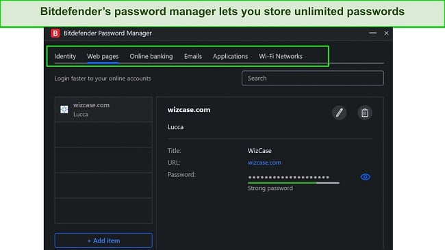 Screenshot of Bitdefender's password manager