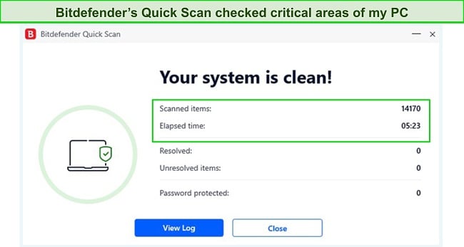 Screenshot of Bitdefender quick scan result