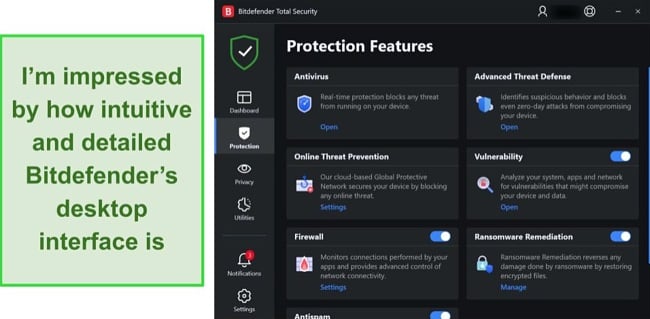 Screenshot of Bitdefender's Windows app interface