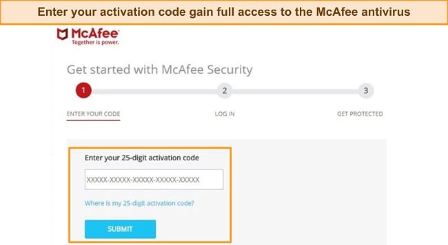 Screenshot of McAfee's app activation page