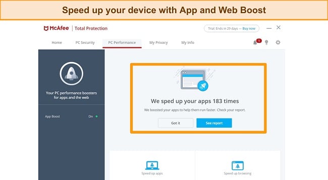 Screenshot of McAfee's App and Web Boost feature