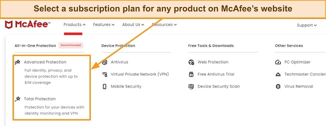 Screenshot of McAfee's premium subscription plans