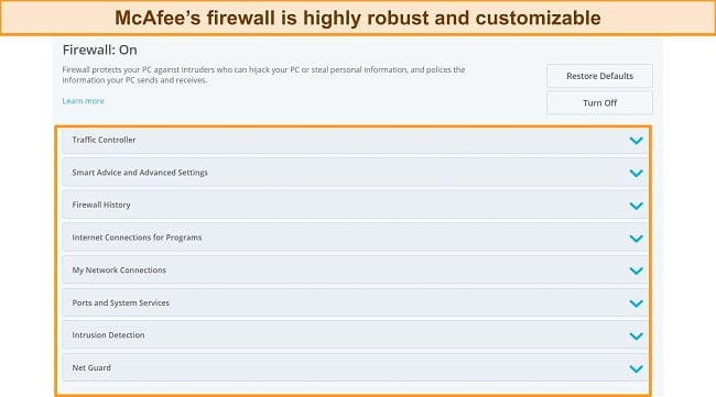 Screenshot of McAfee's firewall settings dashboard