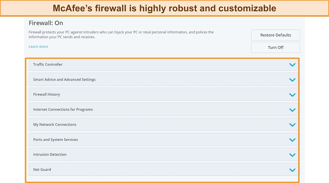 Screenshot of McAfee's firewall settings dashboard