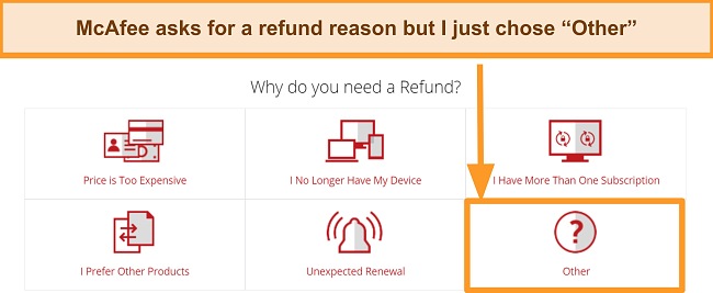 Screenshot of McAfee's refund request options