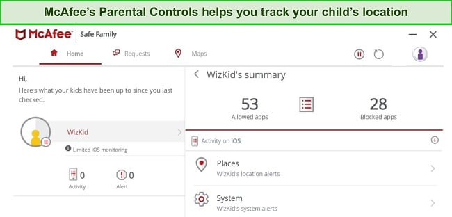 Screenshot of McAfee's parental controls dashboard