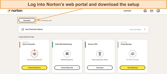 Screenshot showing how to download Norton's setup from the web portal