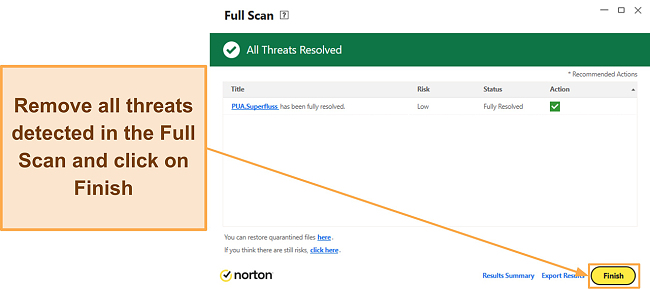 Screenshot showing how to finish Norton's Full Scan