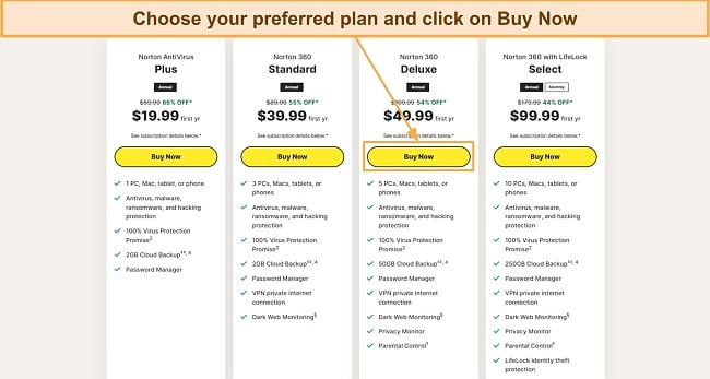 Screenshot showing how to choose one of Norton's plans
