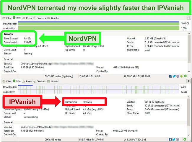 NordVPN vs IPVanish torrenting speeds
