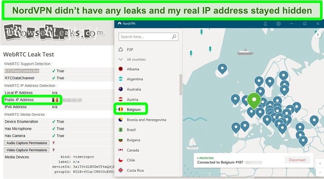  Screenshot of a WebRTC leak test while NordVPN is connected to a server in Belgium