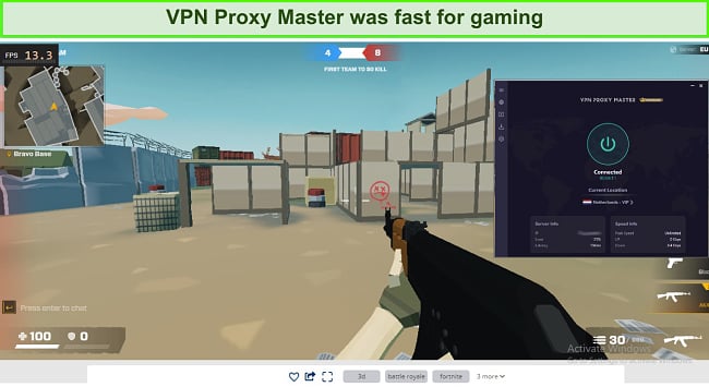 Screenshot showing that VPN Proxy Master is fast for gaming