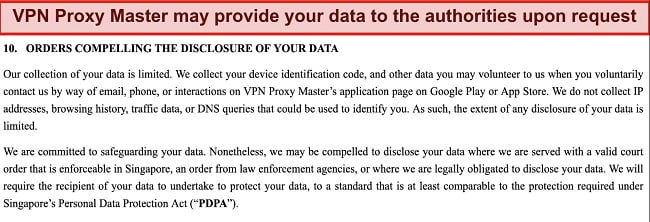 Screenshot of VPN Proxy Master privacy policy