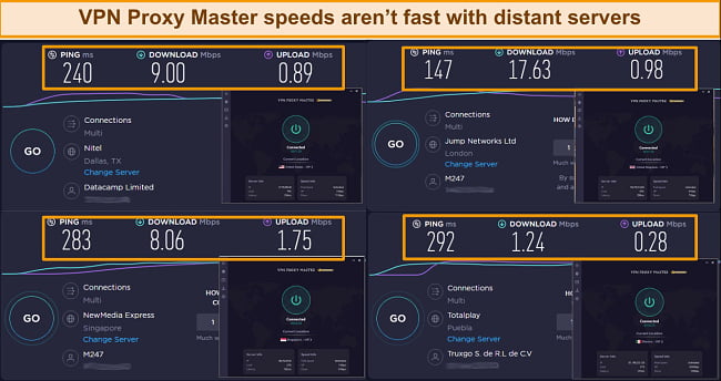 Screenshot of VPN Proxy Master speed test results in 4 locations