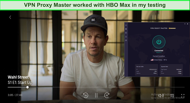 Screenshot of VPN Proxy Master unblocking HBO max