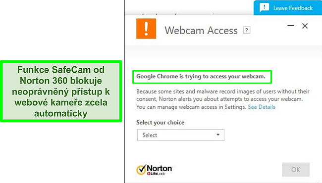 Screenshot z aplikace Norton blokující pokus prohlížeče Google Chrome o přístup k webové kameře.