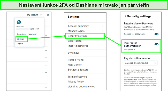 Snímek obrazovky s aktivací funkce 2FA Dashlane.