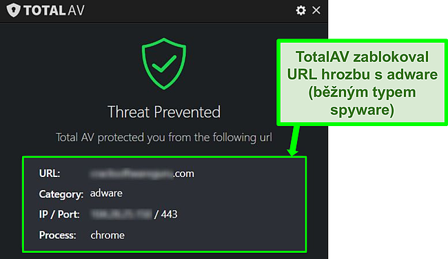 Screenshot zobrazující TotalAV blokující škodlivou URL hostující adware.