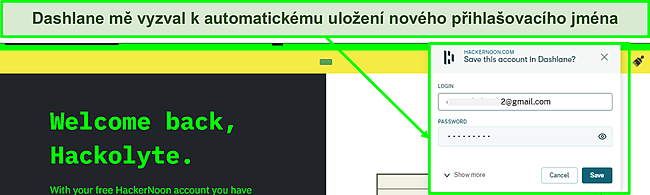 Snímek obrazovky s používanou funkcí automatického ukládání Dashlane.
