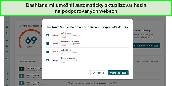 Snímek obrazovky automatického měniče hesel Dashlane.